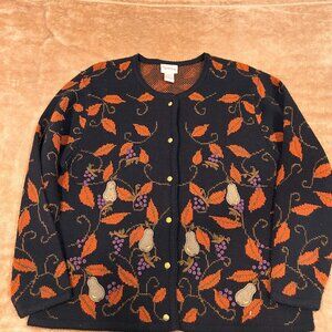 Crystal Kobe Vintage Grapes, Leaves, Pears Fall Cardigan Women's Size Large